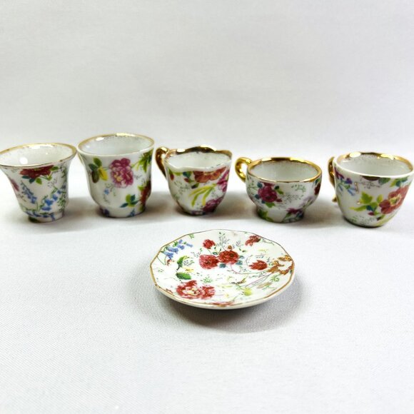 Vintage FIVE Miniature Porcelain Teacups & Plate Pink Floral Rose Gold Gilt - Picture 8 of 10